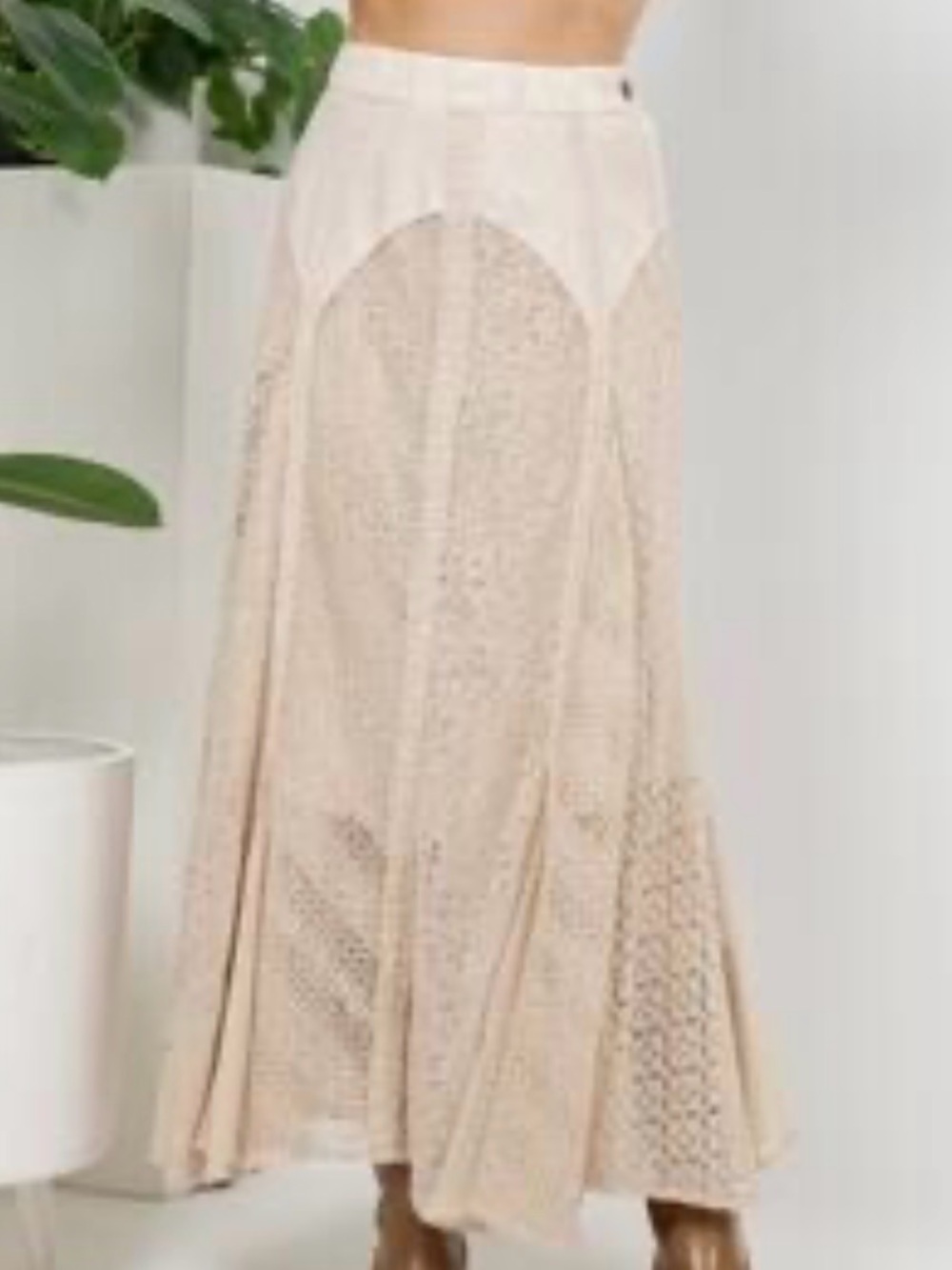Women's Cream Maxi Skirt - Elegant Lace Panel Design